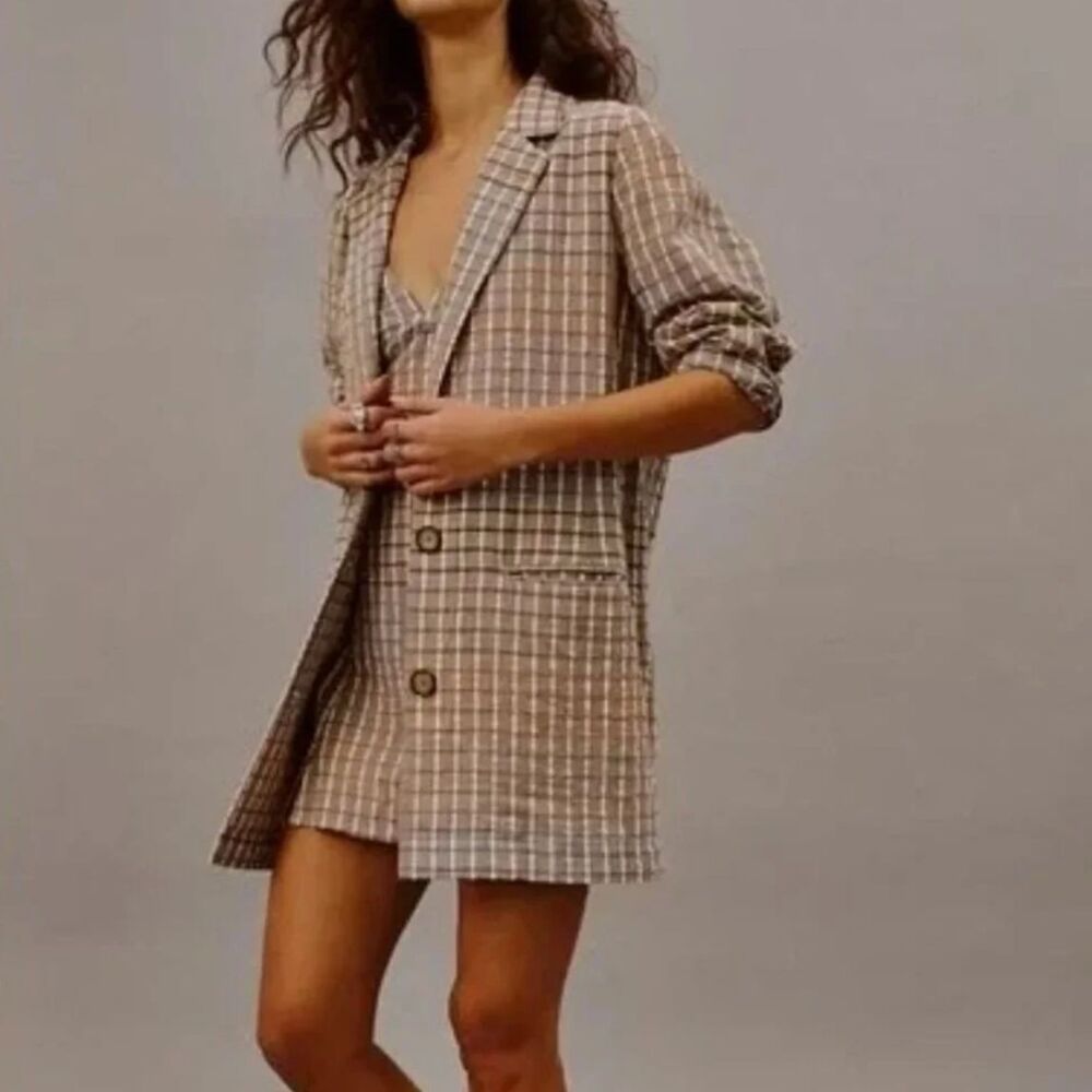 Free People Blazer Jacket NWT cotton plaid better together womens Brown (large)